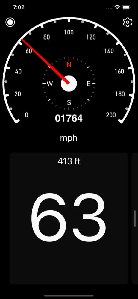 Speedometer Simple real screenshot: black theme with speedometer dial, compass, and large digital speed readout