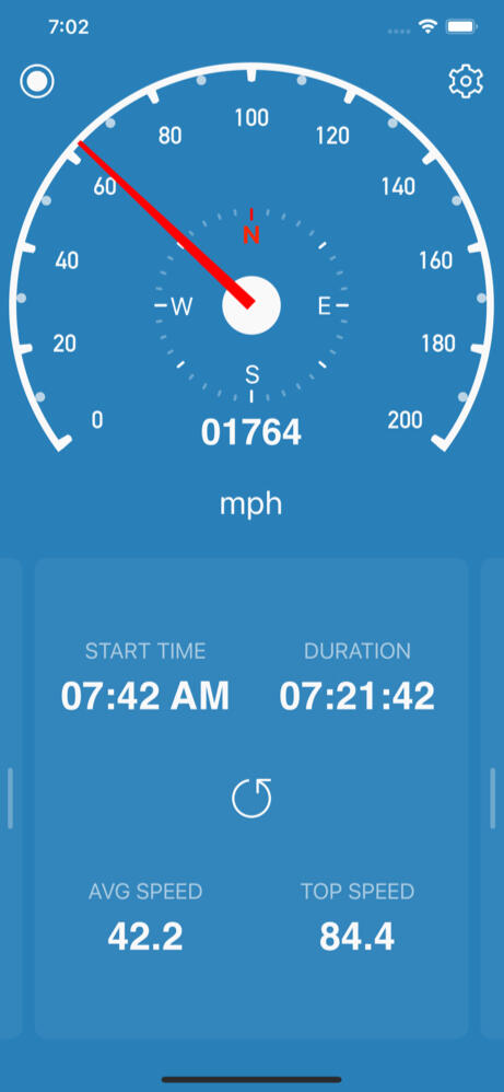 Speedometer Simple real screenshot: trip statistics with start time, duration, average and top speed